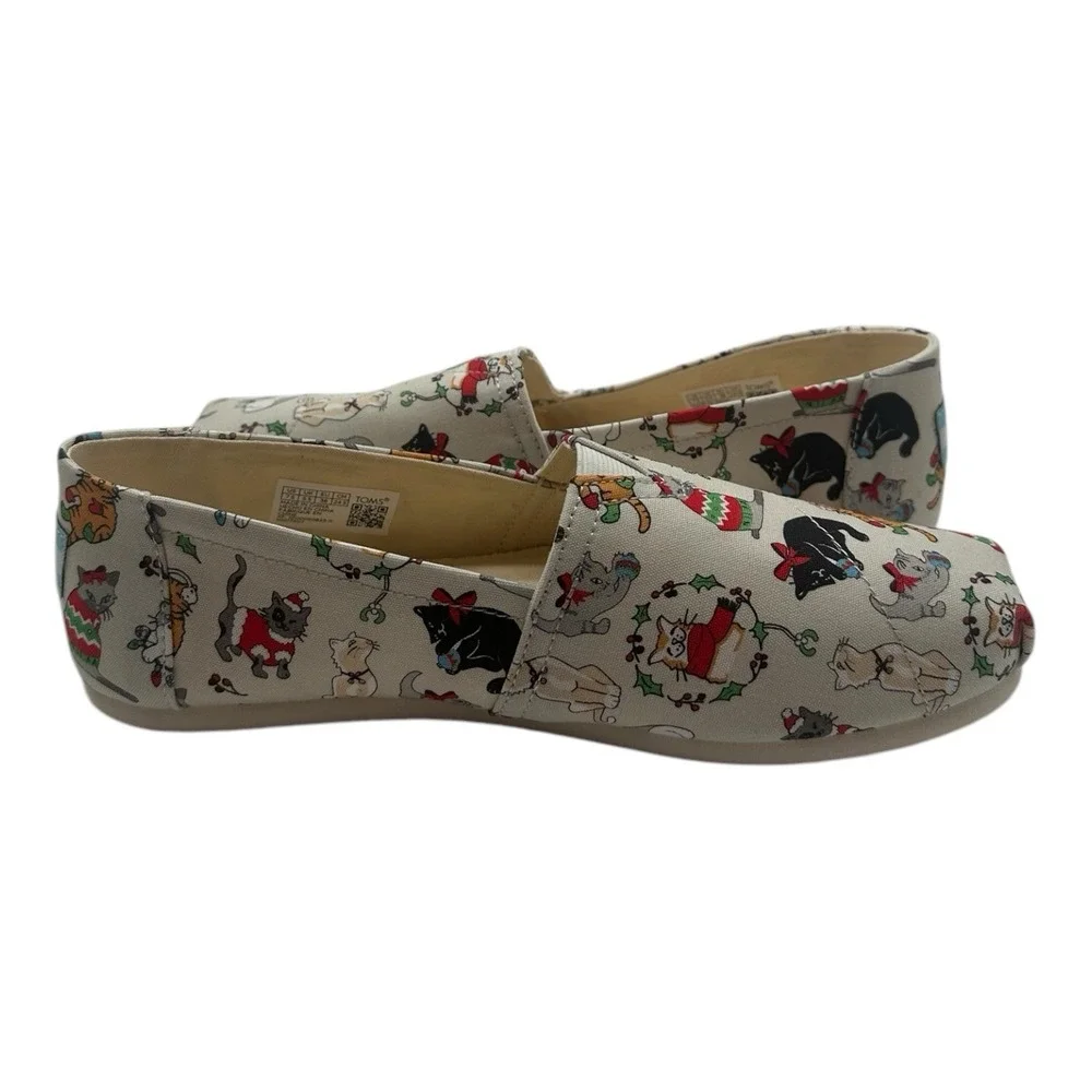 Toms Belmont Christmas Cats Shoes Womens 7.5 Gray Holiday‎ Slip On Shoes